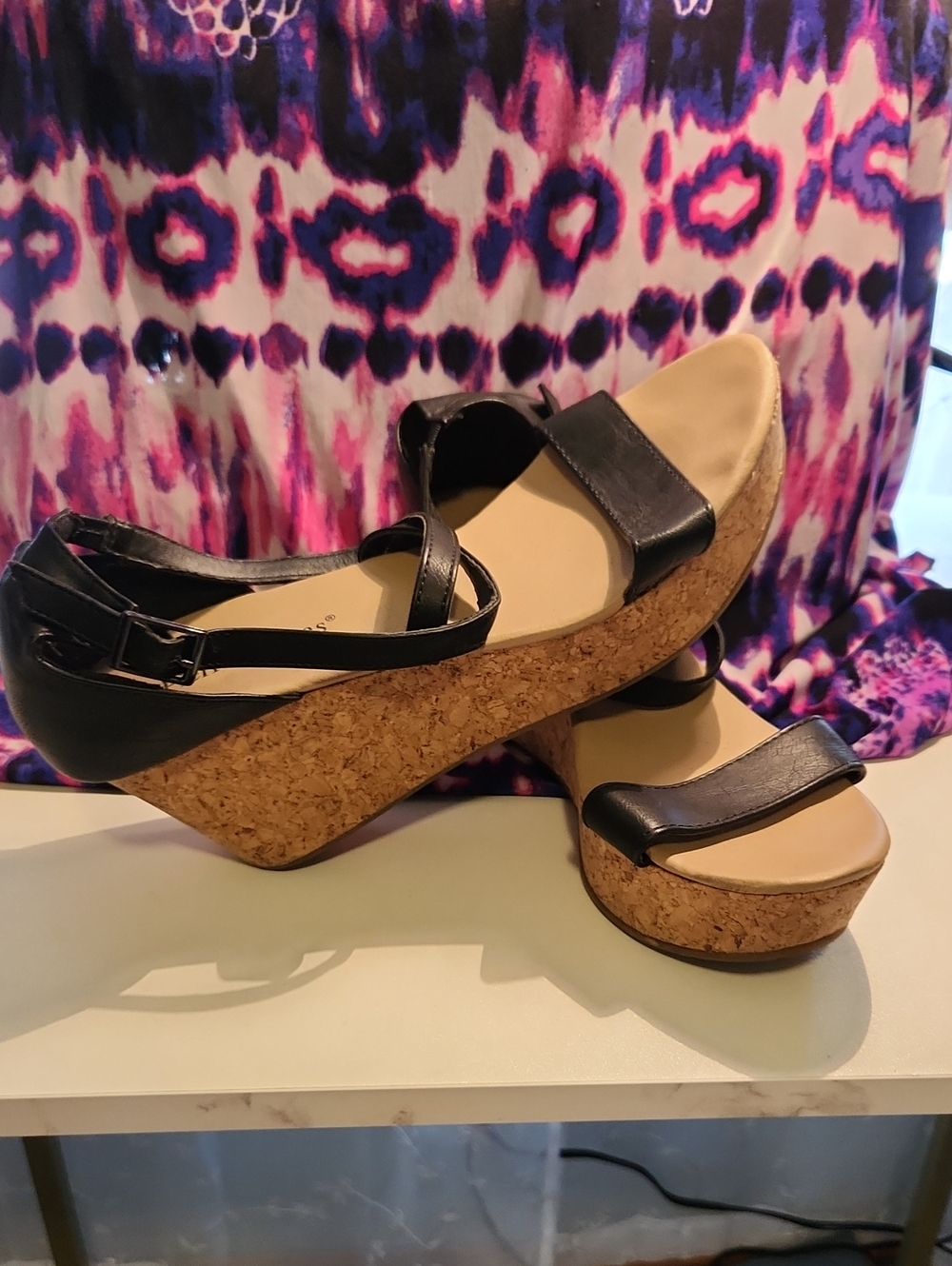 Pierre Dumas Black Cork Wedge Sandals with Ankle Strap